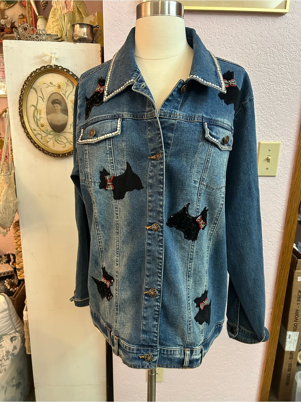 Quacker Factory Denim Jacket with Black Scottie Dog Appliqués